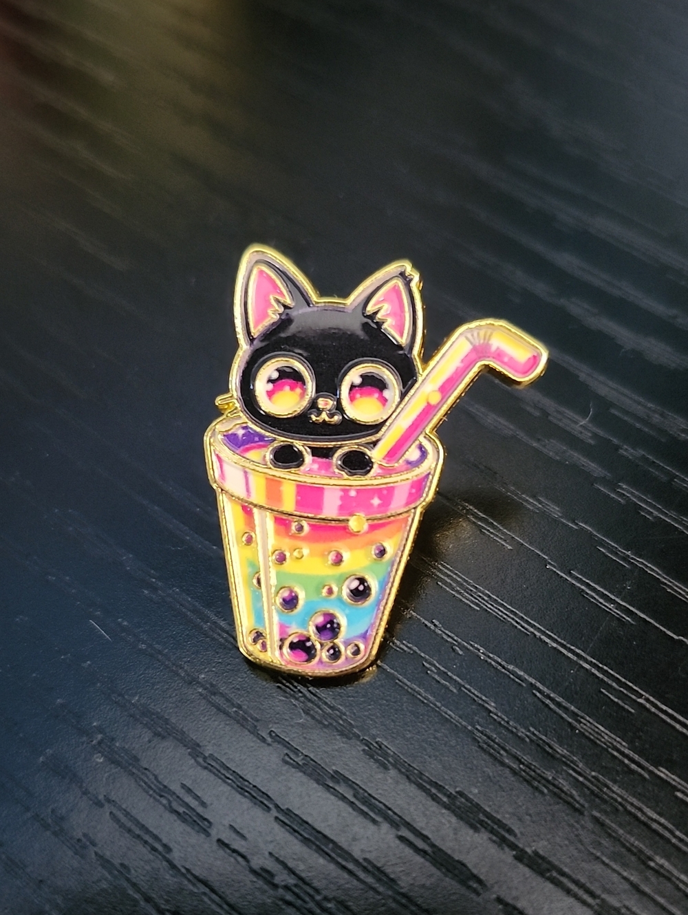 Black Cat Bubble Tea Enamel Pin - Rainbow Design
